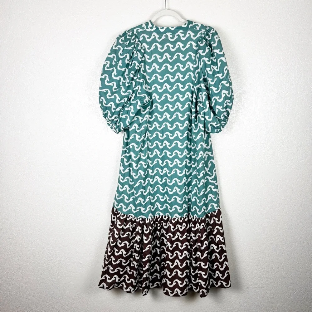 Dr. Bloom Blue Brown Patterned Tiered Maxi Dress 100% Cotton Size Medium